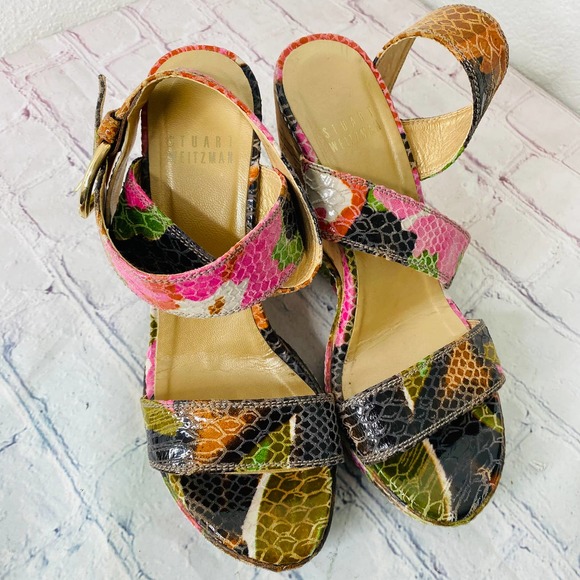 Stuart Weitzman vibrant multi color cork wedges